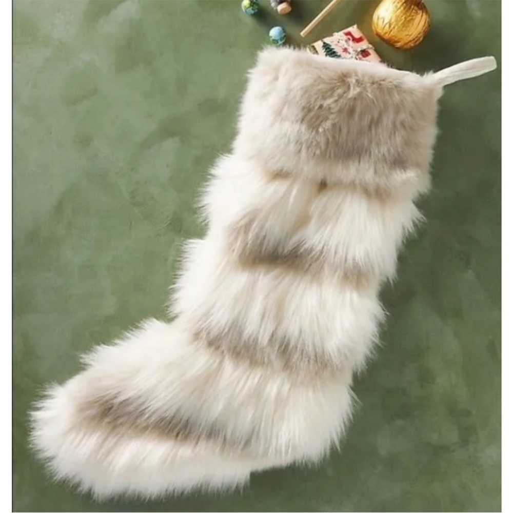 Anthropologie Faux Fur Christmas Stocking in Cream and Taupe